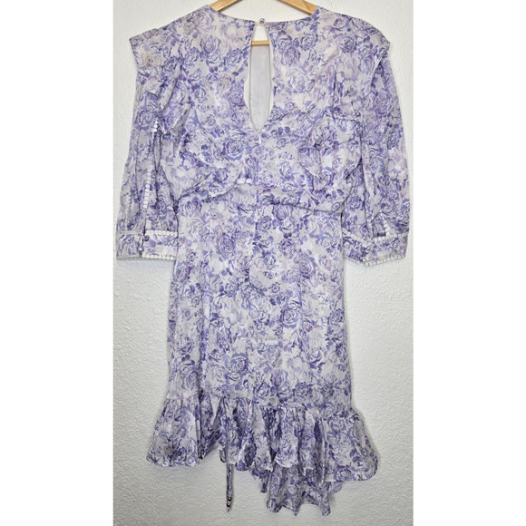 Dark Pink Dress Womens 8 Purple Floral Ruffle Boho Puff Sleeve Ruched Mini Femme - Picture 4 of 12